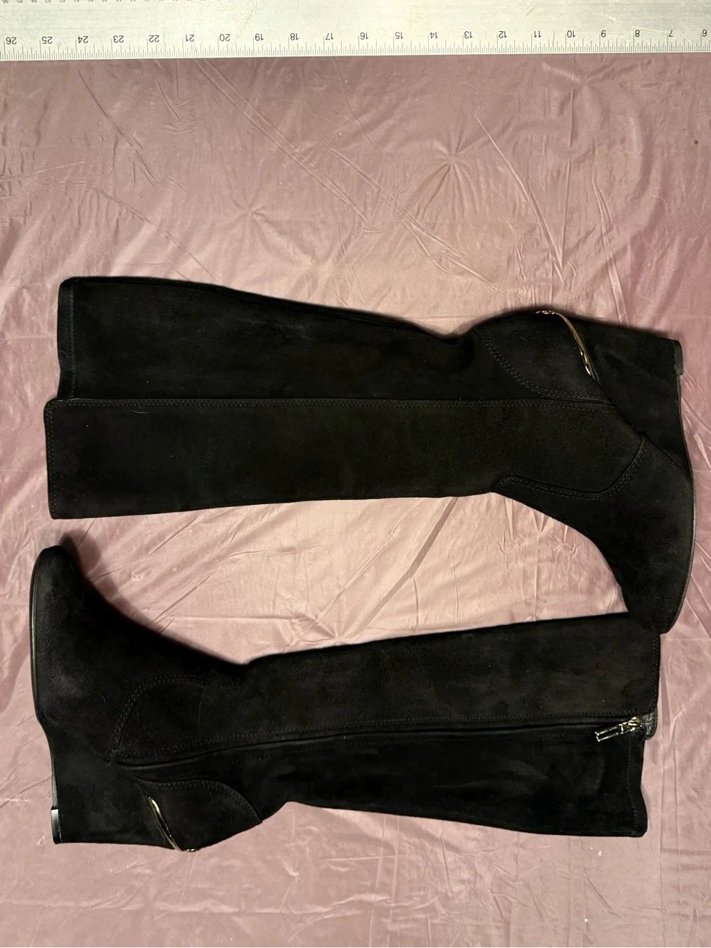 Tory Burch Hendin Black Gold Suede Leather Knee-High 3.5” Wedge Boots Size 8